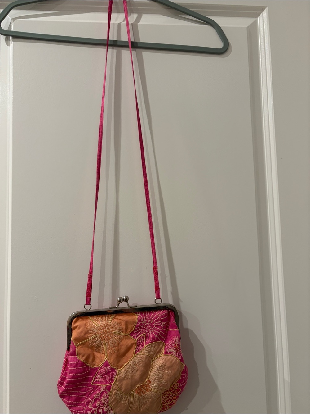 Pink Floral Embroidered Crossbody Bag